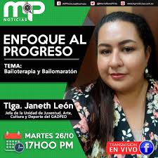 🇪🇨 #MachalaEc #EnfoqueAlProgresoMP HOY A LAS 17H00 ENTREVISTA A LA TLGA. JANETH  LEÓN, JEFA DE LA UNIDAD DE JUVENTUD, ARTE, CULTURA Y DEPORTE DEL GADPEO  PARA INFROMAR SOBRE LA BAILOTERAPIA Y BAILOMARATÓN.