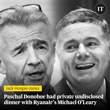 Fine Gael's Paschal Donohoe held a private and previously undisclosed  dinner meeting at an upmarket Dublin restaurant with Ryanair chief  executive Michael O'Leary in February 2022. A spokeswoman for Mr Donohoe  said