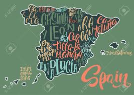De onderverdeling van spanje in regio's, provincies en comarca's. Silhouet Van De Kaart Van Spanje Met Handgeschreven Namen Van Regio S Provincies Catalonie Andalusie Galicie Enz Handgeschreven Lettering Op De Achtergrond Van Spanje Kaart Unieke Vector Typografie Poster Royalty Vrije Cliparts