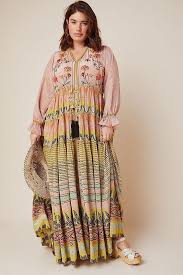 Plus Size Long Puff Sleeve Embroidered Bohemian Tiered Maxi Dress In A Pink And Yellow Patt In 2020 Maxi Dress With Sleeves Plus Size Maxi Dresses Tiered Dress Pattern