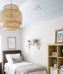 Neutral Guest Room With Twin Beds Blue Ceiling Blue Bedroom Ceiling Light Fixtures Ikea Living Room Fixtu Bedroom Ceiling Ceiling Lights Bedroom Ceiling Light