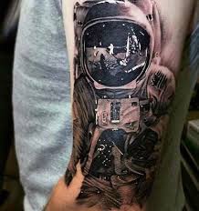 Black And White Space Tattoo Half Sleeve Unbelievable Black And White Detailed Spaceman On Moon Arm Tattoo Astronaut Tattoo Cool Tattoos Tattoos For Guys