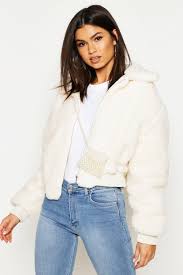 Crop Faux Teddy Fur Bomber Jacket Boohoo In 2020 White Fur Jacket White Bomber Jacket Bomber Jacket