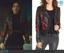 Isabelle S Black Floral Embroidered Moto Jacket On Shadowhunters Shadowhunters Outfit Floral Leather Jacket Leather Jacket Outfits