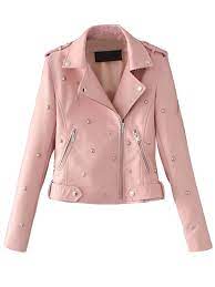 Pink Stud Detail Leather Look Biker Jacket Pink Leather Jacket Women Overcoat Denim Jacket Women