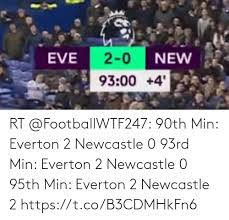 There were just 102 seconds between newcastle's two goals against everton. Rt 90th Min Everton 2 Newcastle 0 93rd Min Everton 2 Newcastle 0 95th Min Everton 2 Newcastle 2 Httpstcob3cdmhkfn6 Everton Meme On Me Me