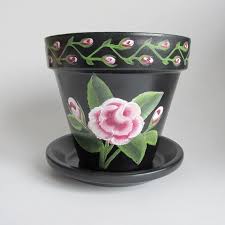 Hand Painted Flower Pot Black With Pink Roses Rose Bud Etsy Painted Flower Pots Flower Pot Crafts Flower Pot Art