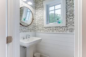 After being completely gutted, a new hampton carrara tile floor was installed in a 2 hex shiplap walls, new chair rail moulding, baseboard mouldings and a special little storage shelf were then installed. 75 Beautiful White Shiplap Wall Powder Room Pictures Ideas Houzz