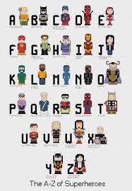 Embroidery sampler cross stitching sewing machine projects alphabet cross stitch fonts monogram cross stitch smocking patterns monogrammed cross monogram alphabet. Superhero Alphabet The A Z Of Superheroes Cross Stitch Etsy Cross Stitch Geeky Cross Stitch Patterns Geeky Cross Stitch