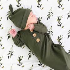 Baby boy coming home outfit | green cactus collection. Solid Olive Newborn Baby Knot Gown Hat Caden Lane