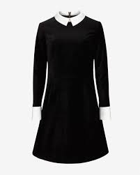 Velvet Collar Detail Dress Black Dresses Black Dress Black Long Sleeve Dress Contrast Collar Dress