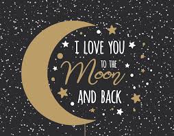 Panel depicting a yellow crescent moon and stars with i love you to the moon and back in white cursive font on a dark blue background. What Does This Mean I Love You To The Moon And Back