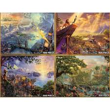 Captain hook is in a boat while peter pan and tinkerbell are flying above him. Disney Thomas Kinkade Puzzle Set Set 2 Jungle Book Pinocchio Peter Pan Lion King
