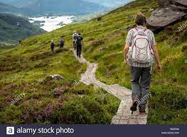 Download This Stock Image Ireland Hiking Group Of Hikers Backpackers Tourists Family Hiking Descending On Boardwalk Footpat Ireland Hiking Upper Lake Tourist