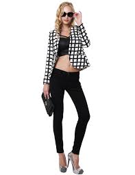 Black And White Checkered Jacket Womens Black And White Checkered Collarless Open Blazer 11foxy Outerwear Women Jackets For Women Fashion