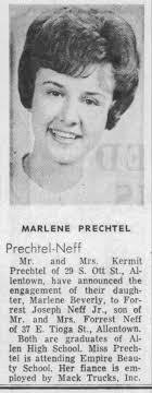 Engagement announcement. Marlene Beverly Prechtel to Forrest Joseph Neff,  Jr. Jan 1966