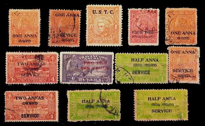 TRAVANCORE COCHIN 1950 - 12 Different Used and Old Stamps