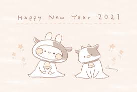2021年 丑年】おしゃれでかわいい年賀状デザイン無料配布❁2 牛の着ぐるみのうさぎと牛(横) ｜  momochyのおうち｜イラストレーターももちーのWebサイト