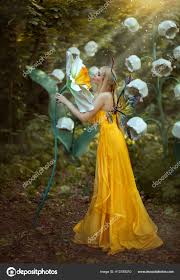 Fantasy woman blonde forest fairy. Fashion model in a long yellow dress  with butterfly wings holds