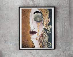 Golden Tears Woman In Gold Art Nouveau Portrait Klimt Golden Tears Modernist Portrait Print Golden Black In 2021 Gold Leaf Painting Abstract Portrait Klimt Paintings