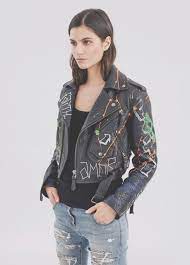 One Of A Kind Black Cropped Biker S Jacket In Bubble Leather Hand Painted By The Graffiti Artists Le H And Reyz Faith Cropped Biker Jacket Jackets Diy Jacket