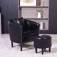 Chair and ottoman sets : Amazon Com Faux Leather Chair Accent Chair Living Room Barrel Chair With Ottoman Club Chair Small Arm Chair Upholstered Barrel Chair And Footrest Set For Living Room Bedroom Guestroom Black Kitchen Dining