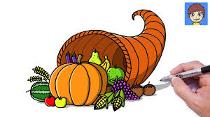 Use curved lines to enclose partial circles, which could be any fruit you'd like. How To Draw A Cornucopia Thanksgiving Drawings Tutorial Youtube