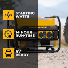 With 3650 watts running at 67db with a recoil starting system equipped with 30a plugs for power. Black Firman H03652 4550 3650 Watt Recoil Start Gas Or Propane Dual Fuel Portable Generator Carb And Cetl Certified With Wheel Kit Generators