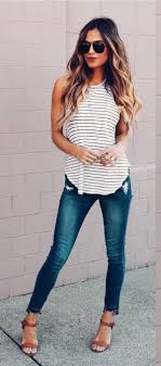 Black And White Striped Tank Top Outfit Spring Outfits Woman Wears White And Black Striped Tank Top And Blue Denim Stonew Striped Tank Top Outfit Black Tank Top Outfit Summer Spring Outfits Classy