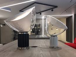 The aluminium reflector is painted gloss white on the outside, matt white on the inside. Flos Taccia Led Small Table Light Scossa