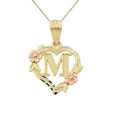 14k Two Tone Initial Heart Pendant Necklace For Women In Yellow And Rose Gold Letter M Womens Necklaces Heart Pendant Heart Pendant Necklace