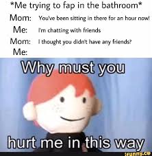 Me trying to fap in the bathroom* Mom: You've been sitting in there for