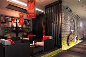 Green walls and a red ceiling in the library. Unique Elegant Oriental Black Red Chinese Style Tea Shop Interior Design 3d Rendering Brabbu Design Forces