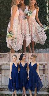 Pink V Neck Straps Tea Length Asymmetrical Lace Bridesmaid Dress Midi Homecoming Dress N153 Tea Length Bridesmaid Dresses Short Lace Bridesmaid Dresses Lace Bridesmaid Dresses