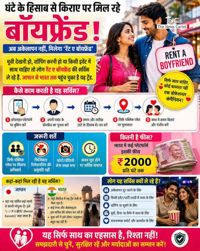 Rental Girlfriends-Boyfriends Service Rent a Boyfriend" सर्विस जापान से शुरू होकर भारत में भी popular हो गई है।  यह non-romantic companionship service है — movie, shopping, event के लिए  hourly basis पर boyfriend hire किया
