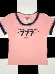 Angel Number 777 Fitted Baby Tee Ft Contrast Ruffle Trimmingsembroidered Detailscotton Spandex Blend Aesthetic Clothes Everyday Outfits Fashion