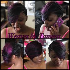 Purple Hair Short Styles Black Hair Weaves By Tameca Feathered Bangs Blackhairstyleswithweave Weave Hairstyles Stylish Hair African American Haircuts