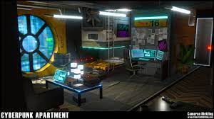 A Cyberpunk Apartment Based On Concept By Adrian Marc Modelled In Maya Textured In Substance Designer Substan Cyberpunk Room Cyberpunk Cyberpunk Interior