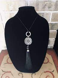 Black Tassel Necklace Silver Medallion Black Leather Etsy Tassel Necklace Silver Black Leather Necklace Silver Necklaces
