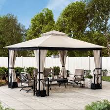Sunjoy Bloomsbury 10 Ft X 12 Ft Beige And Black Steel Gazebo With 2 Tier Hip Roof With Mosquito Netting And Curtain Walmart Com In 2020 Steel Gazebo Patio Gazebo