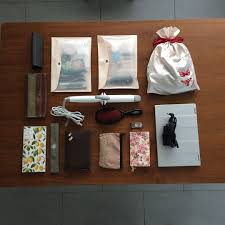 今回は１泊の出張 ３泊の荷物より巾着がひとつ 少ないだけです あまり着替えをもっていかない わたしにとって 旅行の荷物の量は 詰め替えるスキンケア用品の量に かかっているから 特急電車に３時間も乗るので その間に作業をしようと思い パソコンを持っ