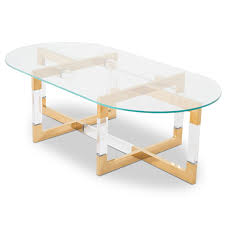 Metallic gold/white medium oval glass coffee table with shelf. Trousdale 2 Glass And Brass Coffee Table Oval Top Modshop