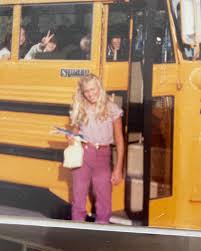 Well I looked into my childhood photo albums (thank you Kodak) and found  first day of school pics … feels like yesterday yet it is SO not ! School,  school buses and
