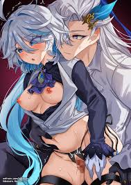 takanaru, furina (genshin impact), neuvillette (genshin impact), genshin  impact, highres, 1boy, 1girl, ahoge, black gloves, blue eyes, blush,  breasts, censored, gloves, grabbing own thigh, hair between eyes, hetero,  heterochromia, long hair, medium