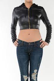 Black Faux Leather Hoodie Zipper Front Long Sleeve Cropped Top Jacket Large Faux Leather Hoodie Tops Women Blouses Crop Top Jacket