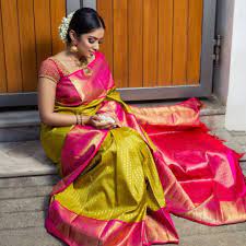Absolutely Stunning Lime Green Pure Kanchipuram Silk Saree With Rani Pink Pallu And Border G Silk Saree Blouse Designs Bridal Blouse Designs Bridal Silk Saree