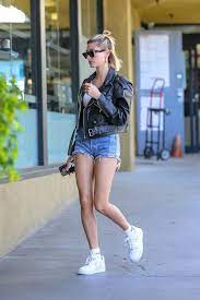 Hailey Bieber Is Fast Forwarding To Cutoff Season And We Re All For It Leather Jacket Outfits Short Leather Jacket Fashion Inspo Outfits
