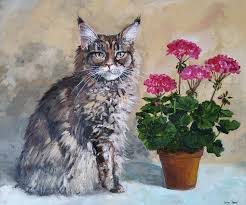 I have a profound passion for the arts and art education. Cat Maine Coon With Pink Geranium Flower Painting By Leyla Demir Artmajeur
