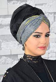 Aise Tesettur Siyah Gold Gumus Isiltili Hayal Tul Bone Guzel Turban Tweed Gumus