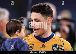 Sydney, Australia. 12th June, 2023. Mitchell Moses of the Eels with  daughter Aspyn after the NRL Round 15 match between the  Canterbury-Bankstown Bulldogs and the Parramatta Eels at ACCOR Stadium in  Sydney,
